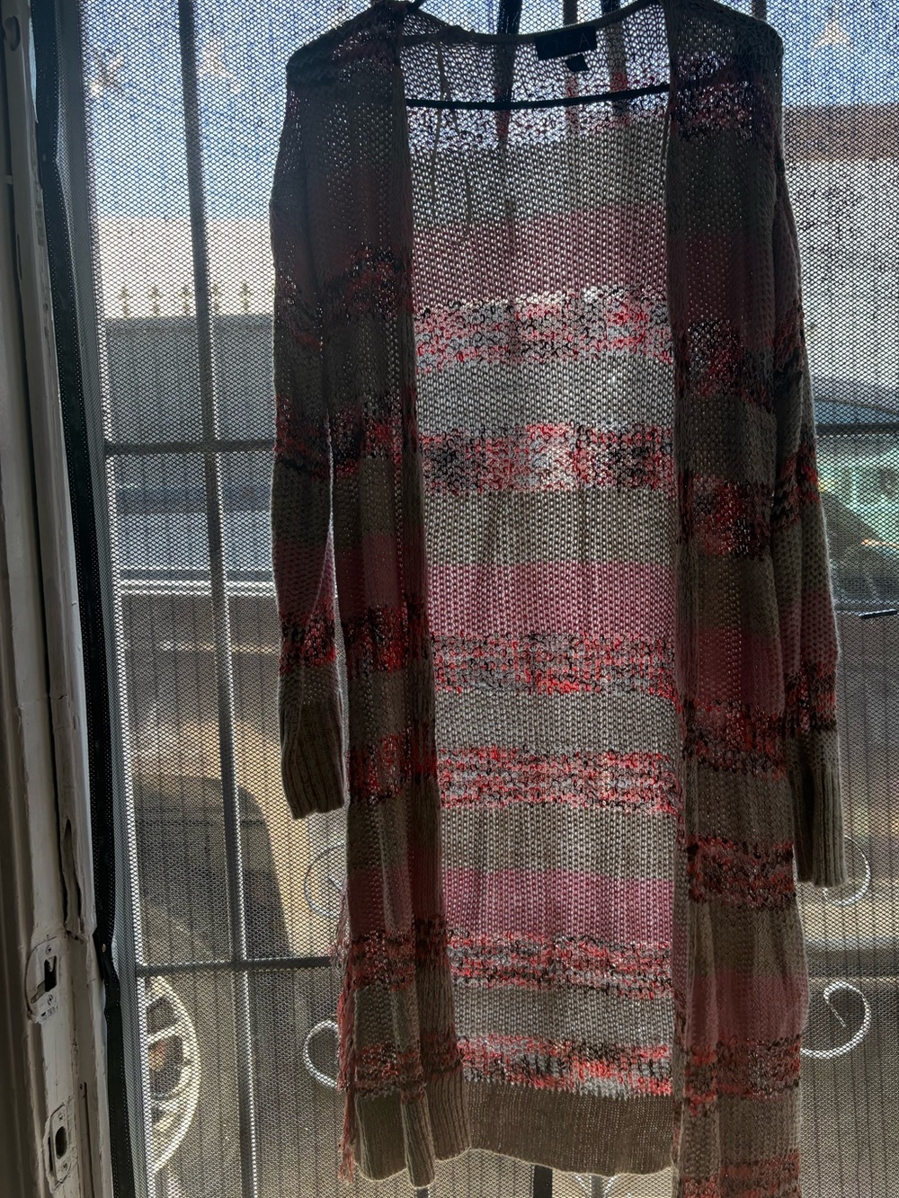 Lightweight Open-Front Knit Cardigan in cream and pink